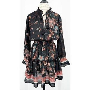 LOVE STITCH NWT Black Floral Boho Tie Front Neckline Mini Dress MEDIUM